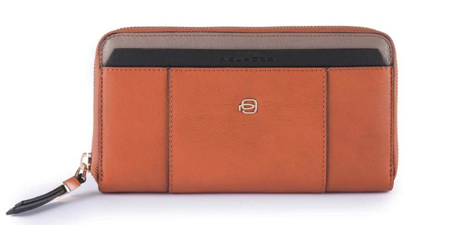 Portafoglio donna quattro soffietti zip RFID Circle Cuoio Tabacco
